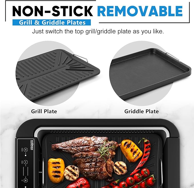 Indoor Grill, CUSIMAX Electric Smokeless Grill & Griddle with REPLACEABLE Smoke Filter Sponge, 1500W Korean BBQ Grill, Smart LED Display, Larger Grilling Area, Black(New Model)