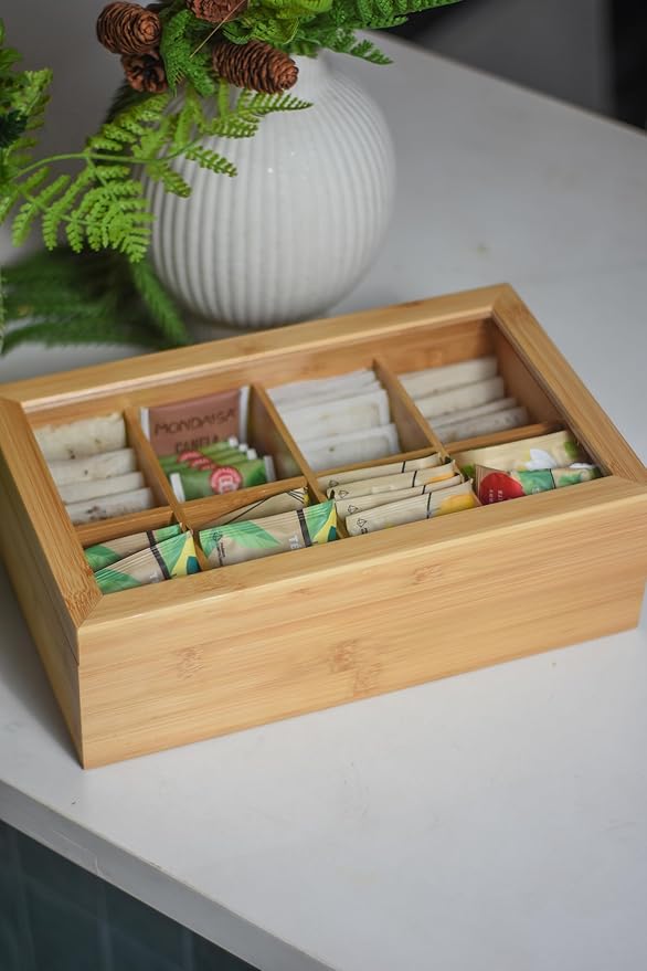 Acacia Wood and Bamboo Tea Bag Organizer - 4 & 8 Compartment Tea Box for Countertop - Tea Station & Coffee Bar Accessories - Fits Large & Craft Tea Bags (Bamboo, 8 Compartment)