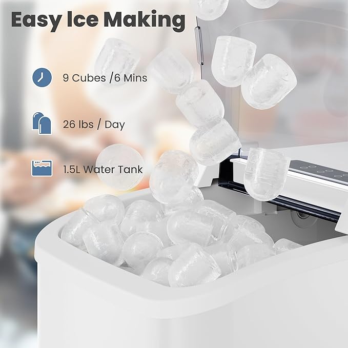 DUMOS Countertop Ice Maker with Handle, 26lbs/24H Portable Ice Machine, 9 Bullet Cubes Ready in 6 Mins, Self-Cleaning, Quiet Compact for Home, Kitchen, RV, Camping, Bright White