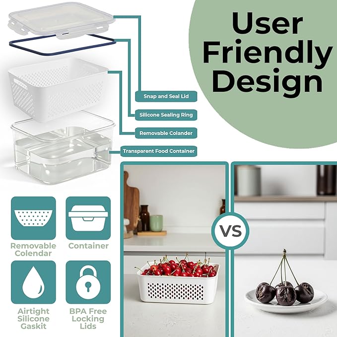 5 Pack Large Fruit Storage Containers for Fridge with Removable Colander-Plastic Food Storage Containers with Lids Airtight-Leak Proof Refrigerator Organizers and Storage of Vegetable -Produce Storage