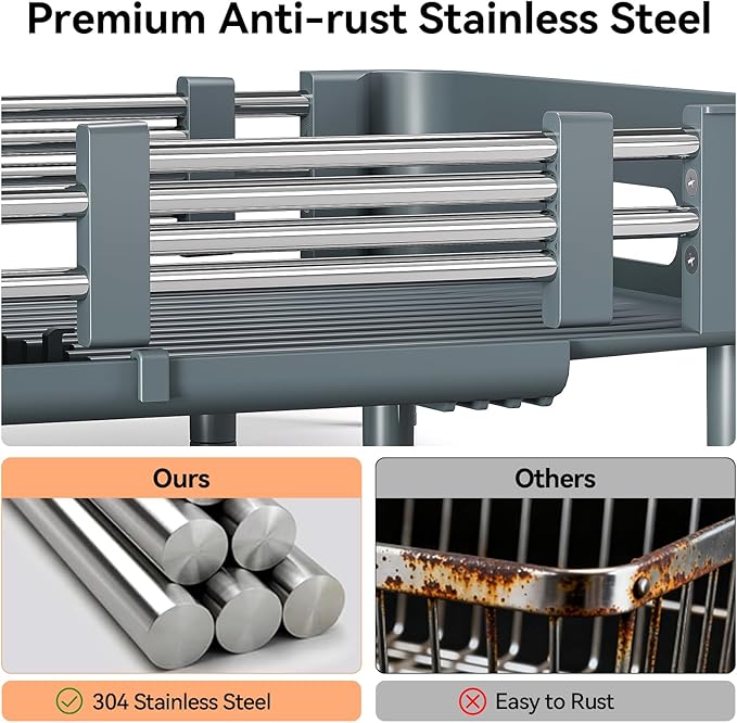 Urackify Stainless Steel Dish Drying Rack - Dish Drainer for Kitchen Counter, Extendable Drainboard with Foldable, Space-Saving Cup & Bowl Organizer, Includes Knife and Utensil Holder, Matte-Green