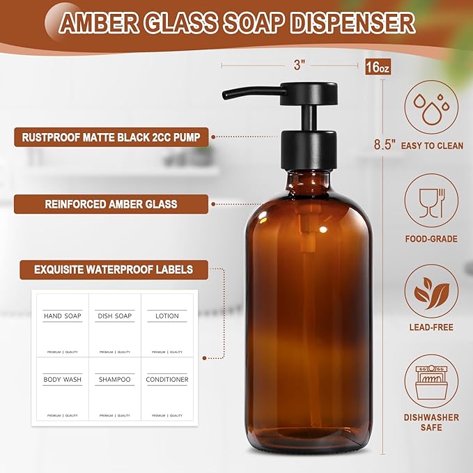 KASUNTING Amber Glass Soap Dispenser with Upgraded Flat Pump, Dish Soap Dispenser for Kitchen, Hand Soap Dispenser for Bathroom, Decorative Vase & Wood Riser Bathroom Decor(Amber02)