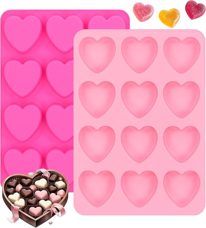Heart-Shaped Silicone Chocolate Molds - Set of 2 Non-Stick Candy Heart Molds for Baking, Candy, Gummy, Cake, Jelly, Pudding, Handmade Soap Mould, Food Grade - Pink&Rose
