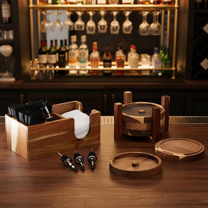 Mifoci 5 Tier Multifunctional Acacia Wood Bar Glass Rimmer Bartender Tool with 12 Pcs Stainless Steel Classic Bottle Pourer Bar Caddy with 6 Compartment 1000 Pcs Coffee Cocktail Stirrers 200 Napkins