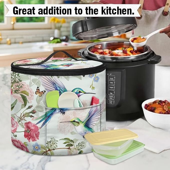 Peony Electric Pressure Cooker Cover Hummingbirds Insulation Handbag Keep Appliance Clean Electric Pressure Cooker Bag with Accessories Pockets
