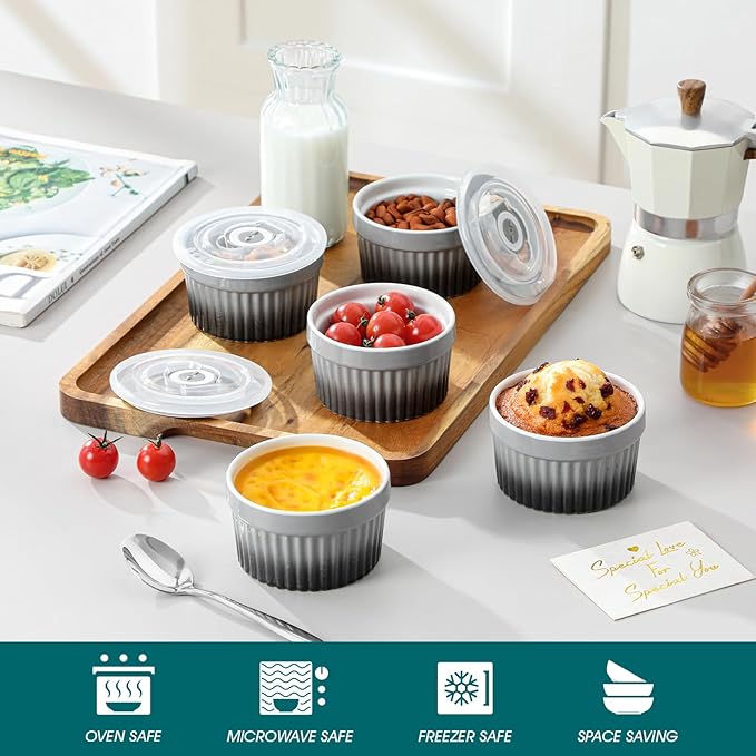 vancasso 6 oz Ramekins with Lid, Porcelain Creme Brulee Souffle Dishes,Set of 6, Grey Pudding Custard Cups Ramiken for Baking, Dishwasher and Oven Safe