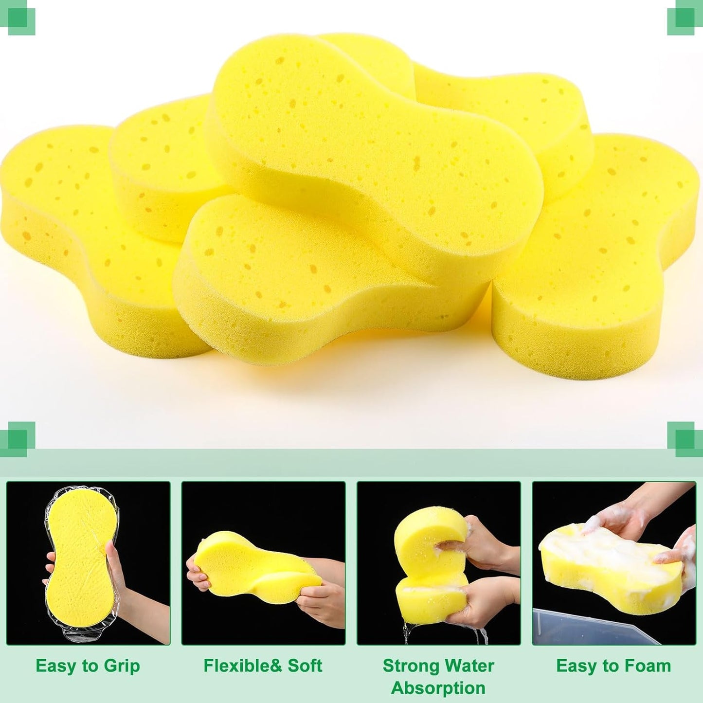 Vesici 24 Pack Car Wash Sponges Large Sponges Bulk Big All-Purpose Scrubber Thick Foam Car Cleaning Supplies for Washing Boat Kitchen Household with Single Vacuum Compressed Packing (Bright Yellow)