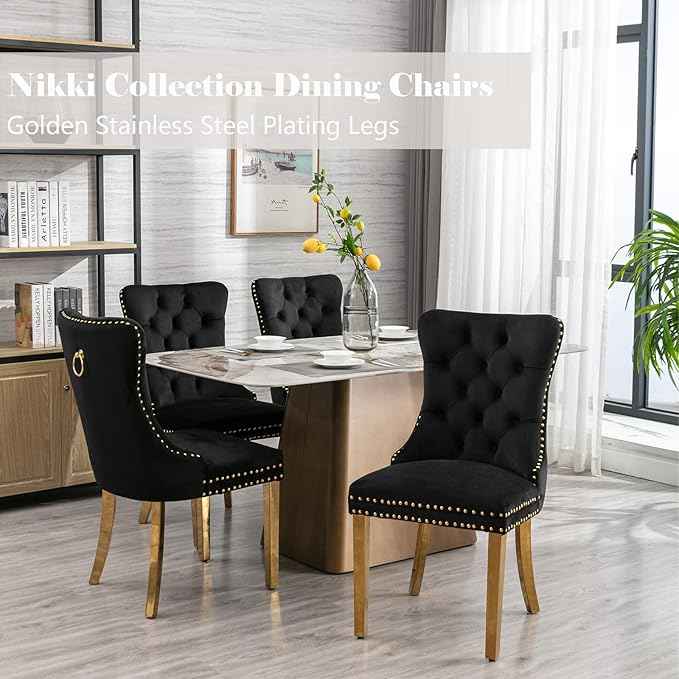 Black Dining Chairs Set of 6,Velvet Upholstered Dining Room Chairs with Back Ring Pull Trim and Golden Stainless Steel Legs,Modern Dining Chairs Perfect for Dining Room,Kitchen(Black)