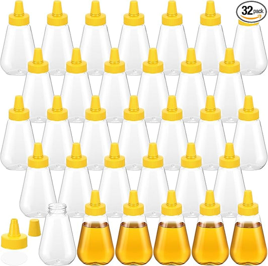 Ziliny 32 Pcs 7 oz Honey Squeeze Bottle Plastic Empty Beehive Bottle Jar with Spout Lid Clear Refillable Honey Containers for Condiment Storing and Dispensing Dispenser (Scalloped)