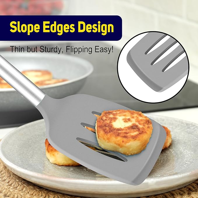 HOTEC Silicone Spatula Set of 2 Heat-Resistant 600°F & BPA-Free Kitchen SaptulaTurner with Stainless Steel Handles, Slotted & Solid Spatulas for Nonstick Cookware, 13.7 Inch, Grey