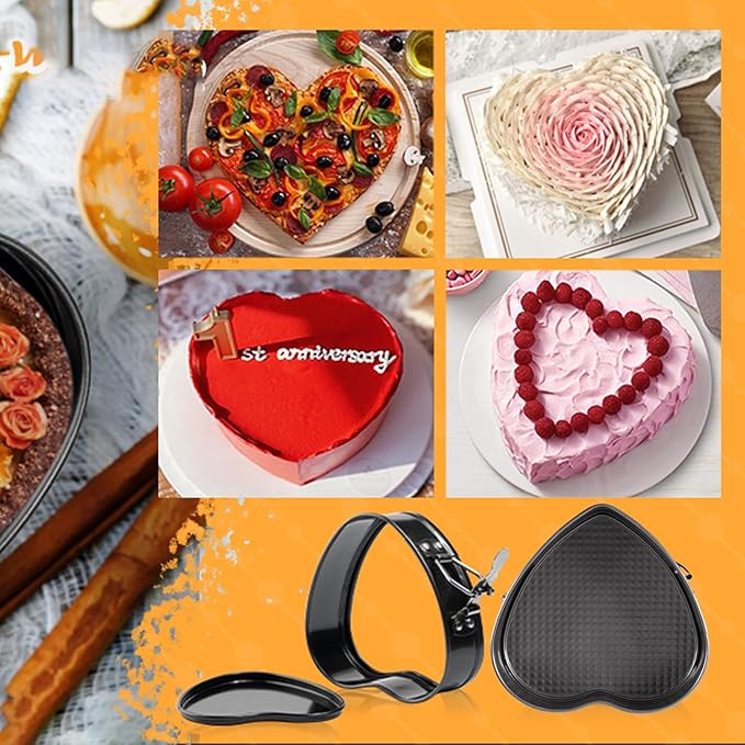 Springform Cake Pan Set of 3 (7, 8, 9 Inch) Heart Round Square Leakproof Nonstick Cheesecake Pans with Removable Bottom Carbon Steel Bakeware