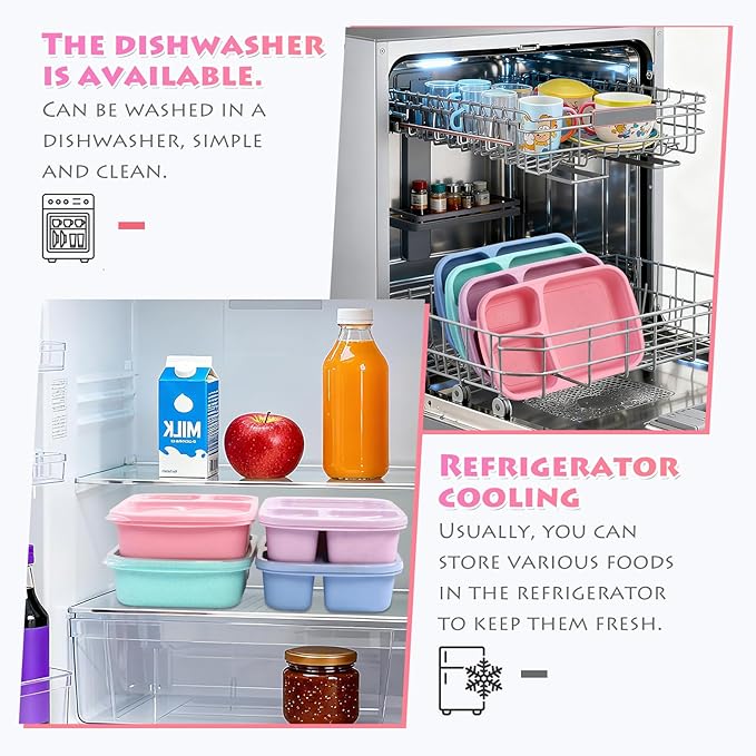 8 Pack Adult Lunch Box Set, Reusable 3-compartment food containers, Microwave and Dishwasher Safe (8 light colors)