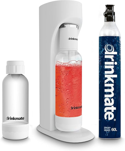 Drinkmate OmniFizz Sparkling Water Maker & Soda Streaming Machine | Carbonates Any Drink | SPECIAL BUNDLE | Includes 60L CO2 Cartridge + Two BPA-Free Bottles (Classic White)