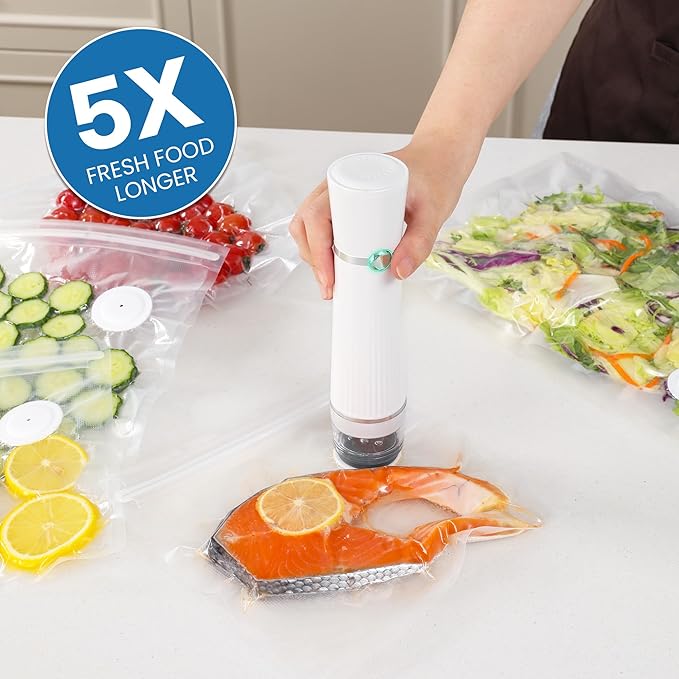 Vacuum Sealer for Food with 30 Reusable Vacuum Bags, Automatic Pressure Detection, Handheld Vacuum Sealer, Portable & Compact, White