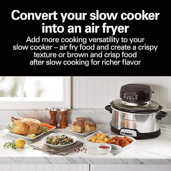 Hamilton Beach Air Fryer Lid, Fits 6 Quart Oval Slow Cooker Crock, With Fry Basket and Tray, Works with Multiple Brands (33602)