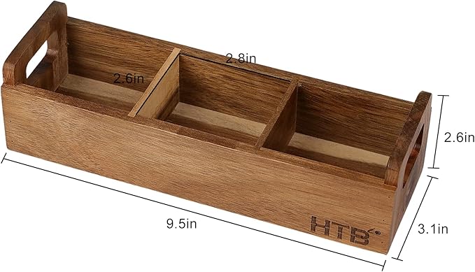 HTB Small Tea Bag Box Wooden, 3 Compartments Acacia Wood Tea Bag Chest with Handle, Mini Countertop Divided Storage Container for Beverage Supplies, Sugar, Sweeteners, Individual Packets