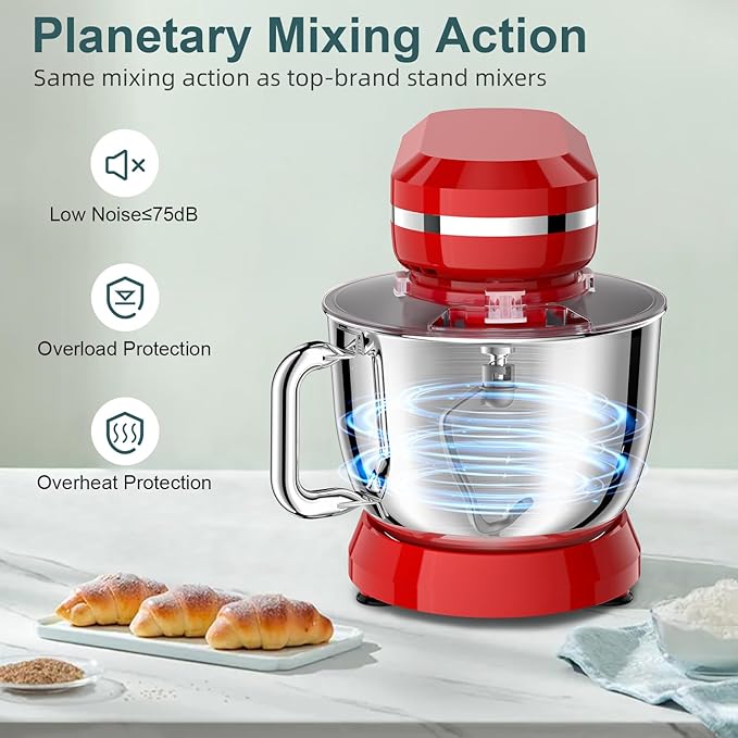 Household Stand Mixer with 6.5 Quart Bowl, Electric Food Mixer 10+p Speeds 660W, Tilt-Head Bread Dough and Cake Mixers with Dough Hook, Whisk, Beater, Splash Guard and Egg Separator (Red)