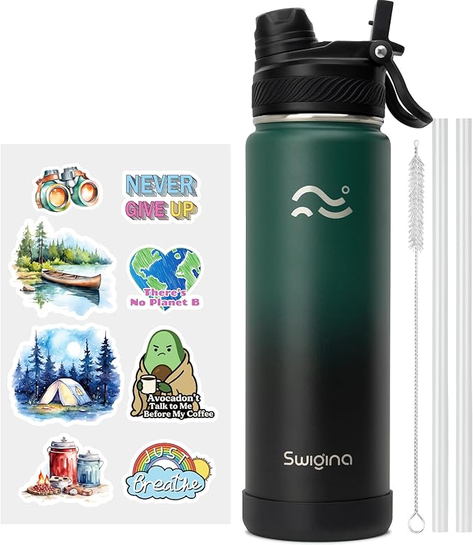 Swigina Insulated Water Bottle with Silicone Boot (36hrs Cold/18hrs Hot) - DIY Stickers, [2-in-1 Lid], BPA Free, 24 oz
