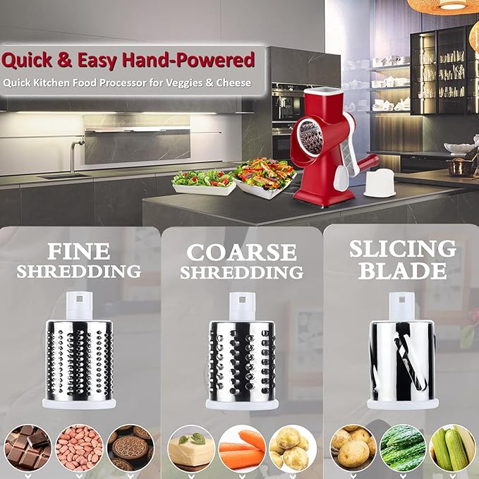 Chef Power 5 in 1 Rotatory Cheese Grater - Premium Quality Hand Cheese Grater With Handle - Food Chopper for Kitchen – (Red & White)