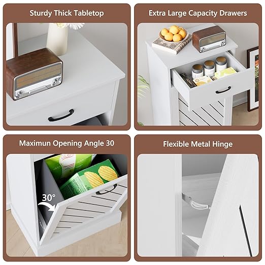 Tilt-Out Trash Can Cabinet, 13 Gallons Hidden Garbage, Hidden Kitchen Trash Cabinet with Storage Drawer, Pet-Proof Wooden Garbage & Recycling Cabinet for Kitchen, Laundry & Living Room, White