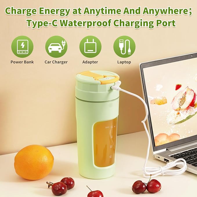 Slim Portable Blender Cup, 20oz (600ml) Personal Travel Juicer with Leakproof Lid, USB-C Rechargeable Licuadora Portatil for Smoothies and Shakes, Auto-Cleaning(white)