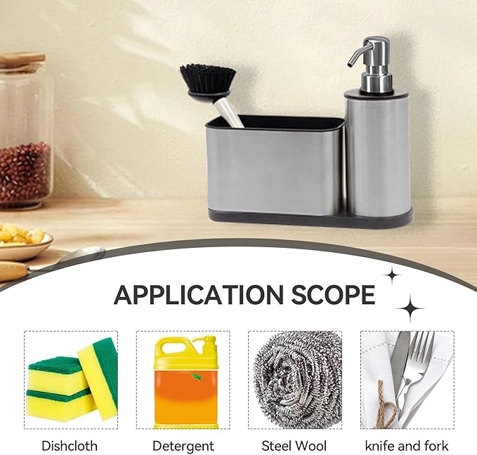 Kitchen Dish Soap Dispensers, Bathroom Soap Dispensers with Storage and Brush, Stainless Steel Sink Organizer with Caddy, Sponge Holder for Countertop Kitchen Bathroom
