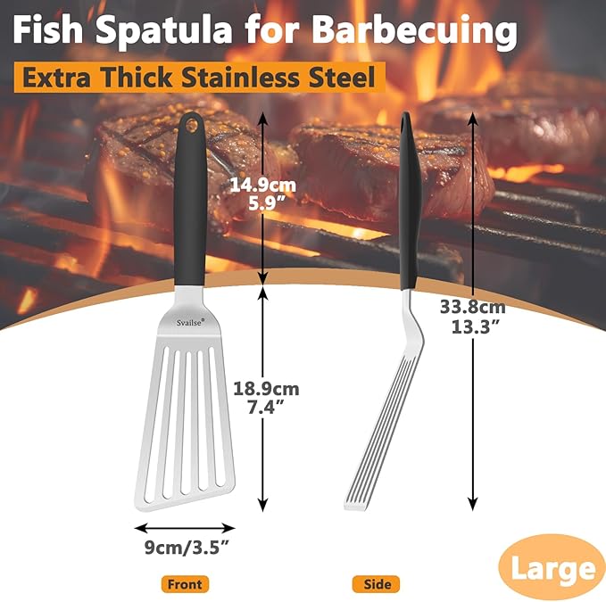 Stainless Steel Fish Spatula, 13.3 inch Metal Spatulas with Silicone Handle, Slotted Turner for Cooking, Grilling, Flipping, Egg, Cookie, Pancake and Burger (Large)