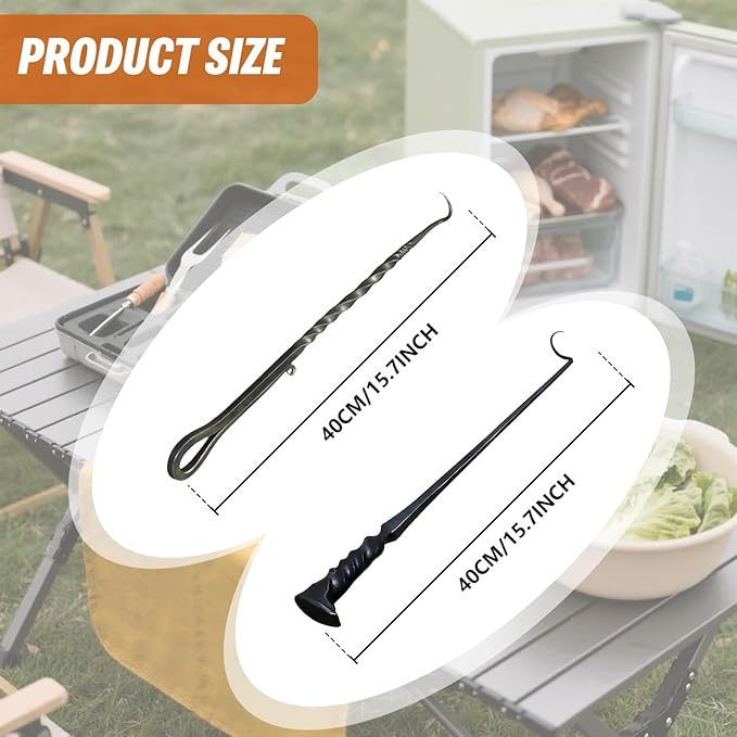 BBQ Turner Hooks, Meat Hook Flipper, Iron BBQF Turner Hooks, Flips Cooking Hooks, BBQ Food Flipper, for Grilling Smoking Frying, Long Handle Meat Hooks (Type A)