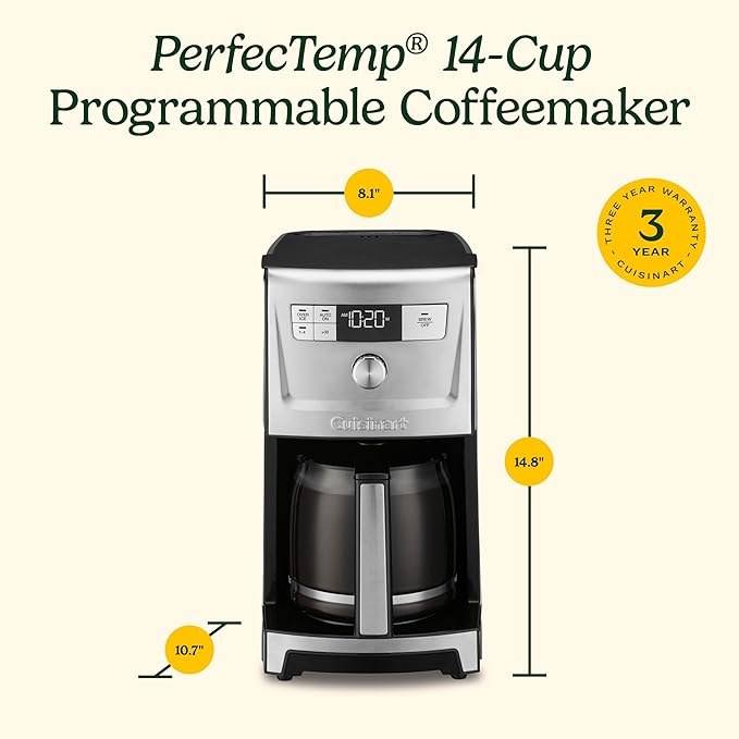 Cuisinart Coffee Maker, 14-Cup PerfecTemp Programmable Coffee Machine Glass Carafe with 1-4 Cup Setting, Brew Strength Control, Brew Pause, and Over Ice Function, Stainless Steel, DCC-3500SS