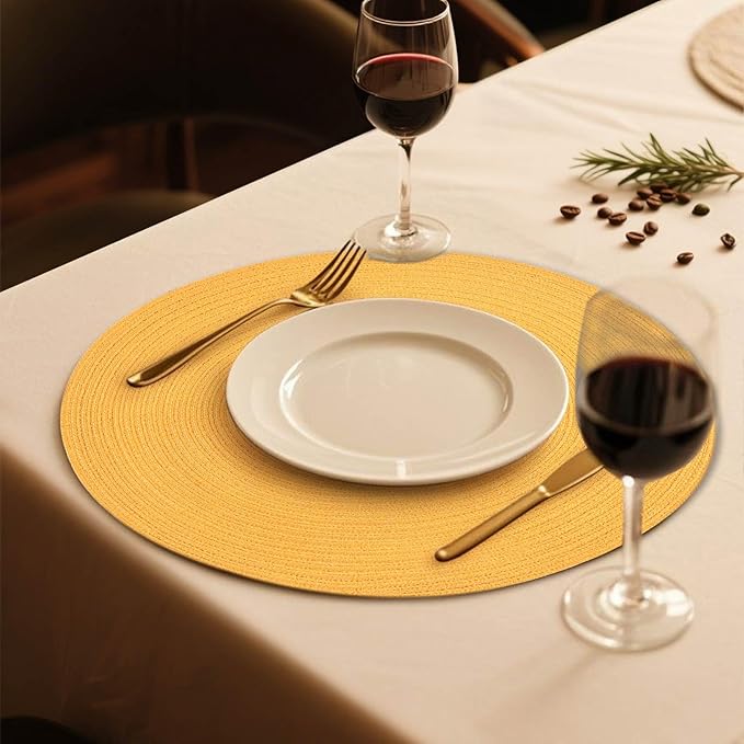 FunWheat Round Braided Placemats Set of 6 Place mats for Dining Tables Woven Heat Resistant Table Mats 15 inch (Yellow,6pcs)