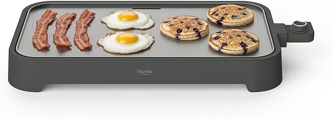 Martha Stewart 12” x 22” Electric Griddle, XL Ceramic Nonstick Flat Top Cooking Surface, Adjustable Temperature Dial, Drip Tray, Dishwasher Safe, 1500W Fast Even Heating, Pancakes & Eggs, Caviar Gray