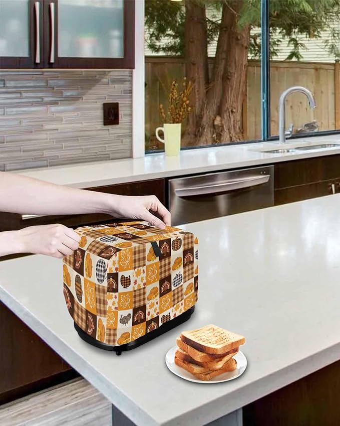Orange Plaid Fall Toaster Cover 2 Slice, Thanksgiving Pumpkins Turkey Dustproof Bakeware Oven Protector with Top Hook, Maple Leaf Waterproof Small Kitchen Appliance Toasters Dust Cover, 12"x7.5"x8"