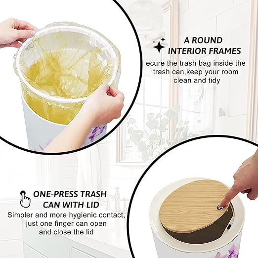 Trash Can with Lid Swarm Pink Purple Butterflies an White Watercolor Press Top Round Small Garbage Bin with Wooden Legs Waste Basket for Kitchen Bedroom Nursery 7L/1.8 Gallon