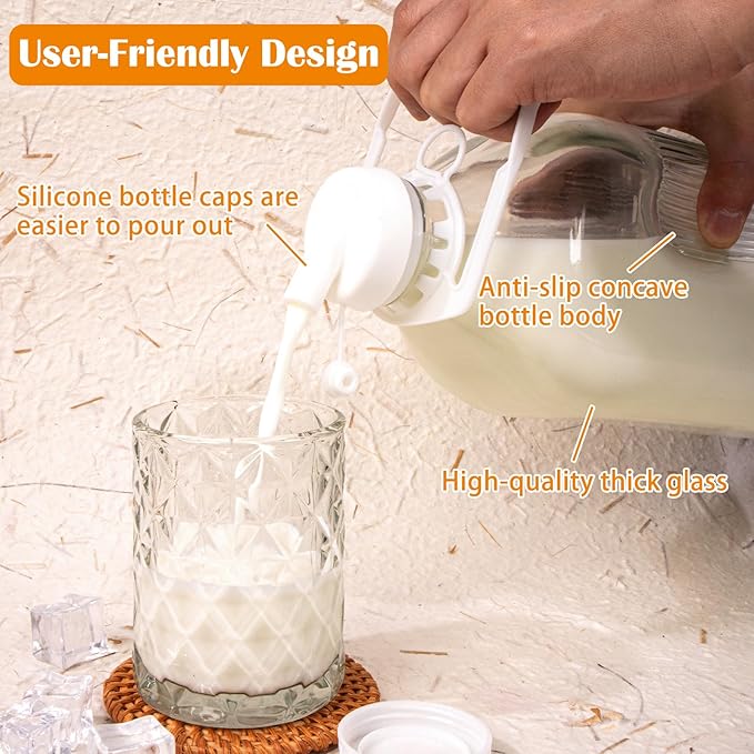 64 Oz Glass Milk Bottles with Nut Milk Bag & Pour Spout & Airtight Lids & Brush- 1/2 Gallon Heavy Duty Jug Pitcher Large Reusable Container for Milk, Juice, Water, Coffee for Refrigerator 1 Pack