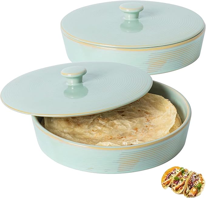2 Pcs Tortilla Warmer, 9 inch Ceramic Tortilla Holder with Lids, Embossed Taco Holder Oven Microwave Safe, Green Pancakes Warmer for Taco, Pancakes, Waffles, Keep Tortillas Warm