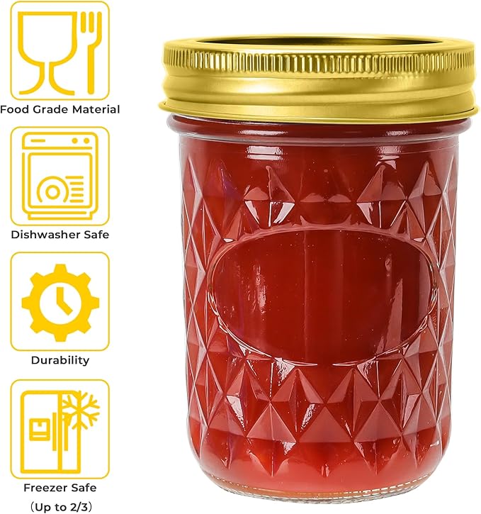 CycleMore Mason Jars 8 oz, 24 Pack Canning Jars with Mixed Color Airtight Lids, Half Pint Canning Jar Ideal for Fermenting, Jam, Honey, Pickling, Wedding/Shower Favors, DIY Decors