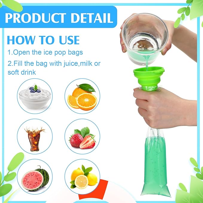 Jeyiour 1000 Pcs Ice Lolly Bags Disposable Ice Lolly Mold Bulk 3x10 Inches Plastic Candy Freeze Pop Bags with 2 Silicone Funnels Wrappers for Yogurt Sticks, Candy, Juice, Fruit Smoothies