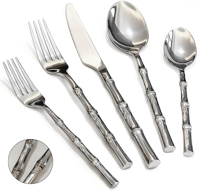 20-Piece Silverware Set with bamboo Handle,Stainless Steel Flatware Set, Modern Cutlery Set, Service for 4, Mirror Finish Dishwasher Safe