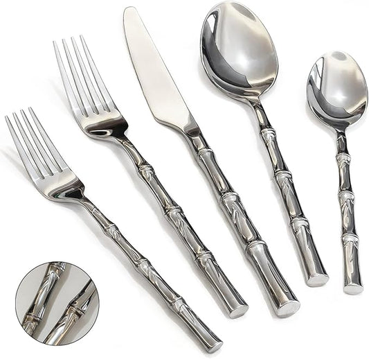 20-Piece Silverware Set with bamboo Handle,Stainless Steel Flatware Set, Modern Cutlery Set, Service for 4, Mirror Finish Dishwasher Safe