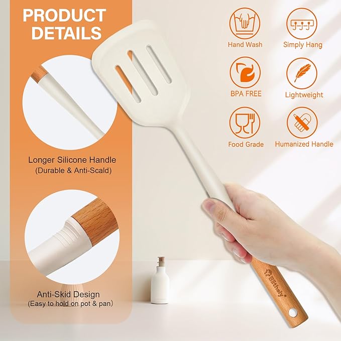 Large Silicone Kitchen Utensils Set, 6 PCS Nonstick Cooking Utensils Set with Wooden Handle, Heat Resistant and BPA Free Silicone Utensil Spatula Set for Cooking with Turner, Spoon and Ladle(White)