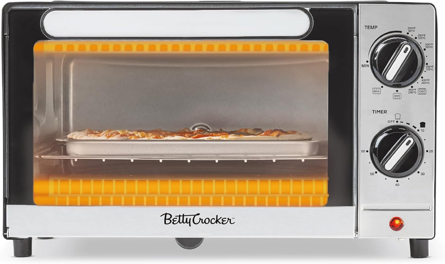 Betty Crocker 9L Toaster Oven, 2-Slice Toaster with Chrome Plated Front, Stainless Steel Handle, Bake, Broil & Toast Functions, Easy Control Dials, Includes Baking Pan & Rack, BC-5665B, Black/Silver