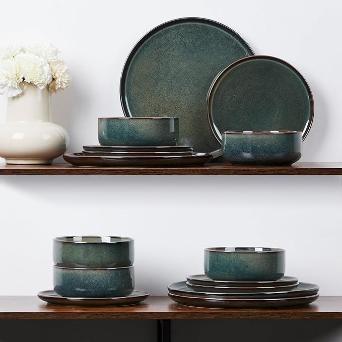 E-far Dinnerware Sets for 4, 12-Piece Stoneware Plates and Bowls Set, Ceramic Dishes Reactive Glaze Dinning Ware, Microwave & Dishwasher Safe - Obsidian Green