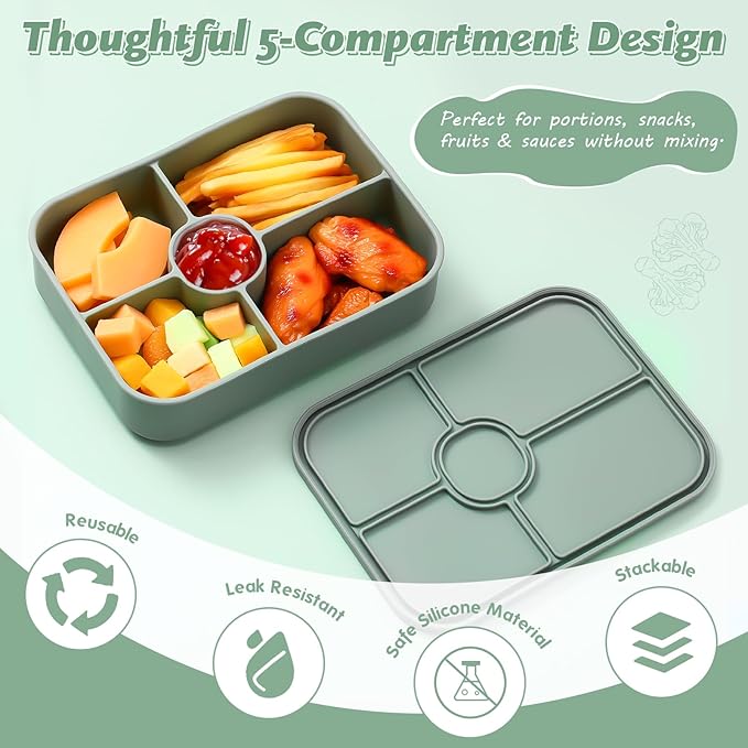 Jingmore 4 Pack Silicone Bento Boxes for Adults, 5 Compartment Reusable Lunch Containers with Sauce Section, Leakproof Meal Prep Snack Box Microwave & Dishwasher Safe for Office(Green)