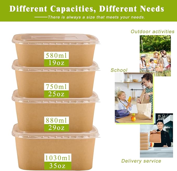 MINCOCO 50 Count Disposable Paper Bowls with Lids Meal Prep Containers 【Includes 50 Wooden Forks + 100 Labels】 Salad Food Containers Freezer & Microwave Safe Leakproof Soup Bowls (25 Ounce, 50-Count)