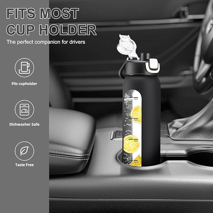 chunmo 32 oz Glass Water Bottles with 2 Lids-Handle Spout Lid & Straw Lid, 1 Liter Motivational Borosilicate Water Bottle with Time Marker and Silicone Sleeve,Leakproof-Black-1 Pack