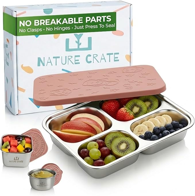 Stainless Steel Lunch Box for Kids 5 and Older – 3 Pieces Stainless Steel Bento Box with 4 Compartments & 2 Snack Containers – Leak Proof, BPA-Free, Eco-Friendly, Dishwasher Safe & Durable – Pink