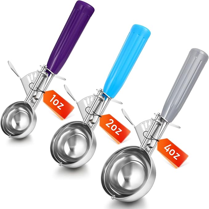 Reallnaive 3 Pcs Release Cookie Scoops Ice Cream Scooper with Trigger Release Portion Scoop Stainless Steel for Portion Control, Baking Food, Cookie Dough (4 Oz+2 Oz+1 oz,Gray,Blue,Purple)