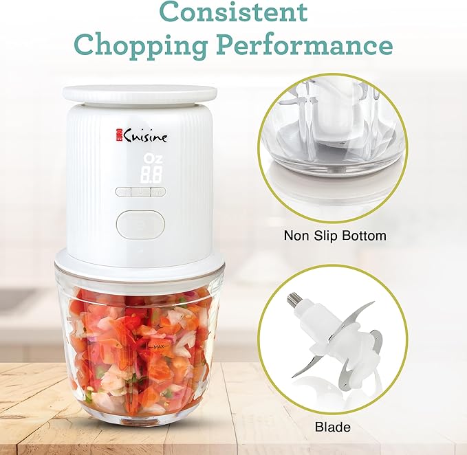 Euro Cuisine RFCX12 Cordless Rechargeable Food Chopper Garlic Peeler with Built In Digital Scale, 2 Bowls, 2 Blades, electric mini garlic chopper Mini Food Grinder Chopper Blender Electric