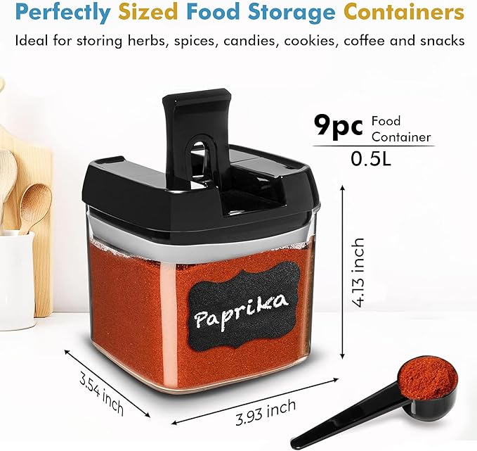 Shazo 9 PC Airtight Food Storage Containers - BPA Free Clear Plastic Snack & Spice Containers with Easy Lock Lids - Kitchen and Pantry Organization for Herbs, Coffee, Tea - 0.5L / 2.1 Cups