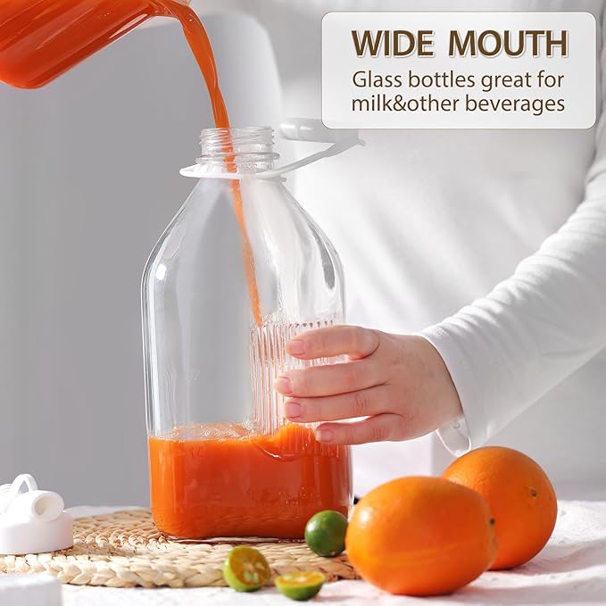 CUCUMI Glass Milk Bottle with Reusable Strong Airtight Screw Lid, 1 Pack 64 Oz Glass Juice Bottles for Almond Milk